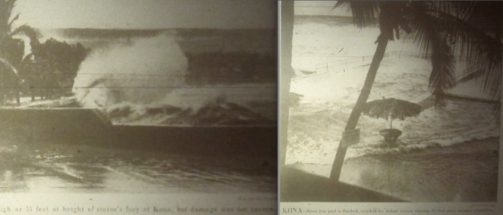 High waves crash onto Alii Drive in Kailua-Kona. Waves of 35ft were recorded on the normally calm southwestern shores of the Big Island, breaking far offshore in a manner not seen before in living memory.