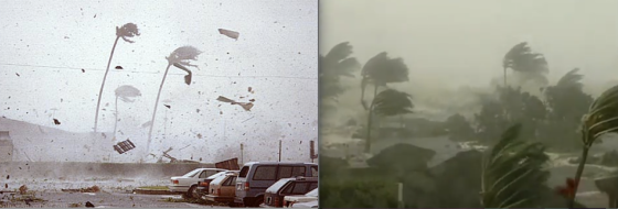 Hurricane Iniki made landfall in the early afternoon, allowing dozens of videographers to document the storm. At right, footage of a large surge-driven wave inundating a resort in Poipu.