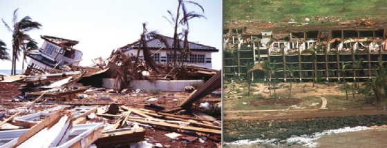 At left, extreme wind and storm surge damage near Poipu. At right, a severely damaged oceanfront complex on Kauai. The debris line behind the building reveals the high water mark.